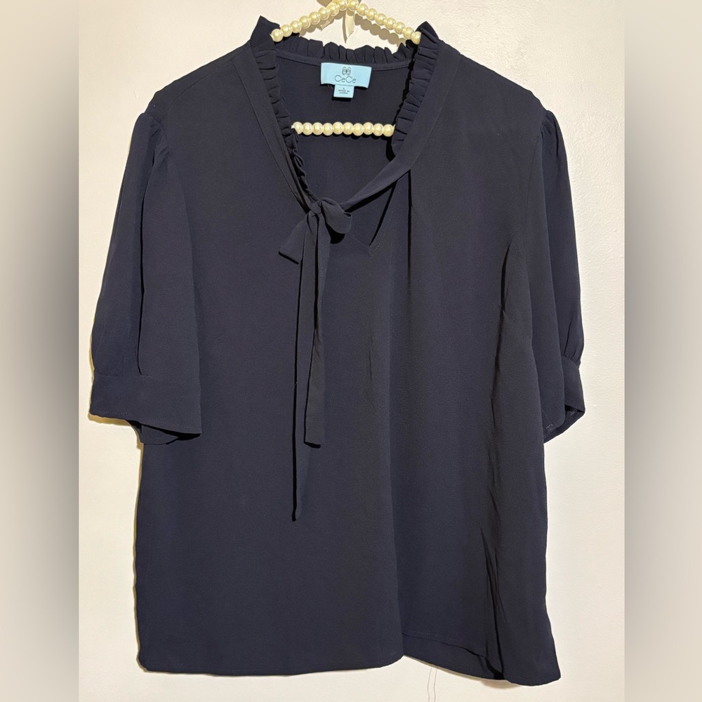 CeCe Navy Blouse with Tie Neck Size L